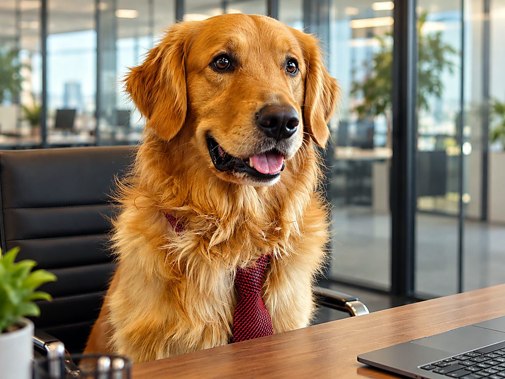 Apple, a Golden Retriever, sitting at a desk wearing a red tie