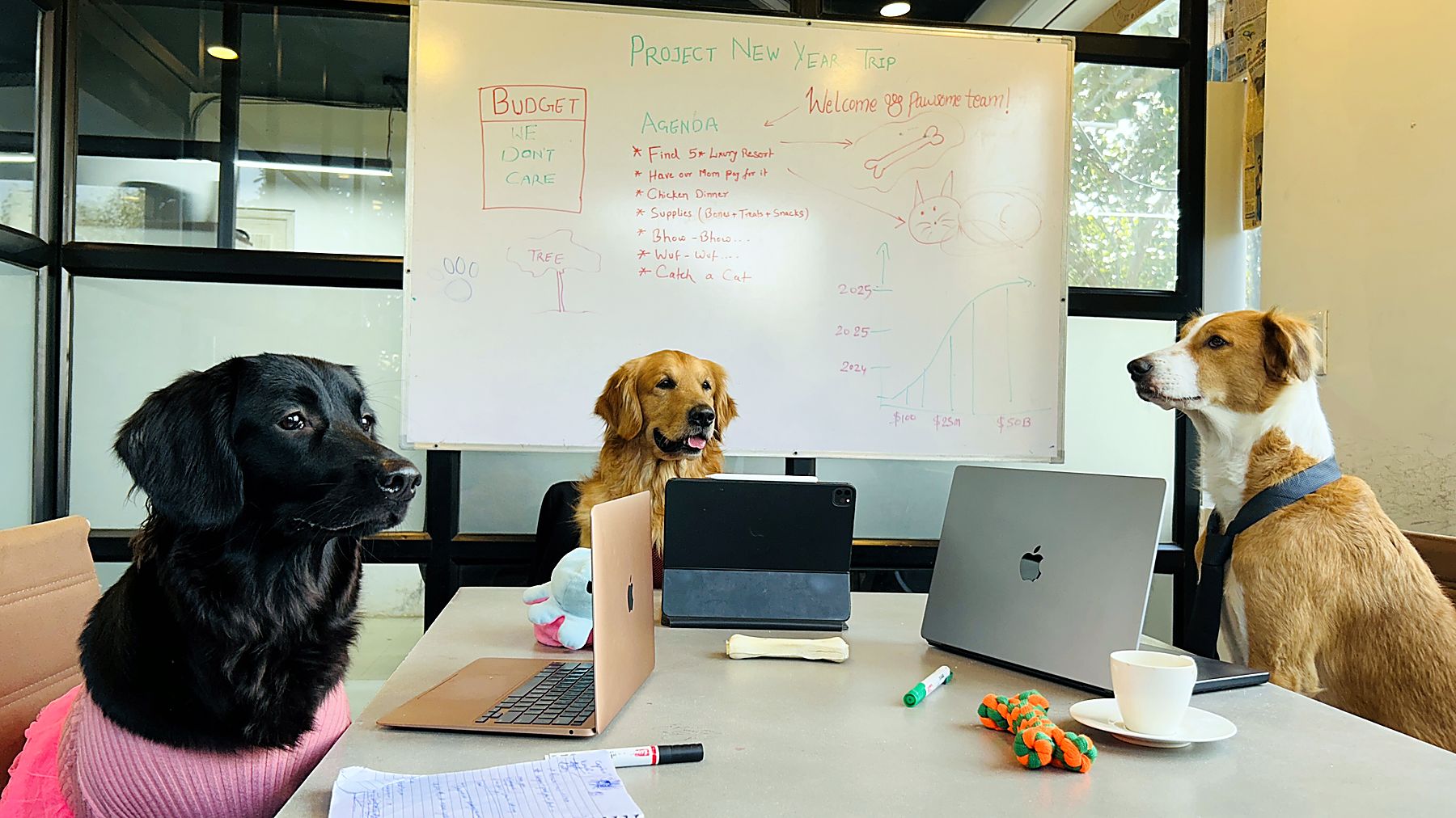 Kimchi, Apple and Captain sitting at a boardroom table in front of a whiteboard covered in trip plans