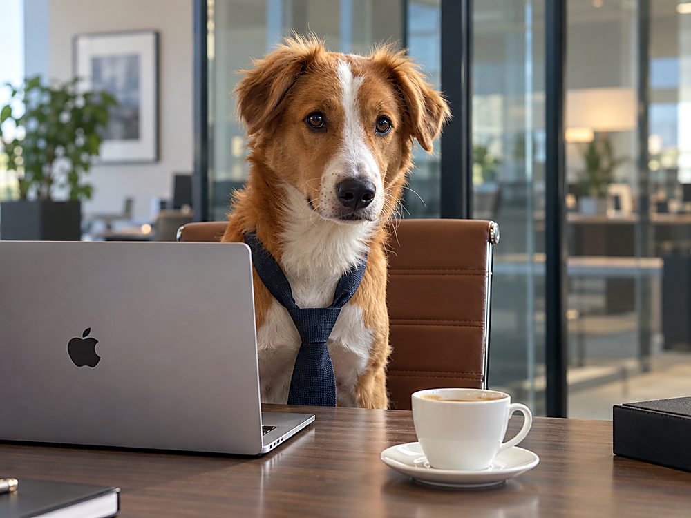Captain, an Indie and Rajasthani Hound mix, sitting at a desk beside a laptop