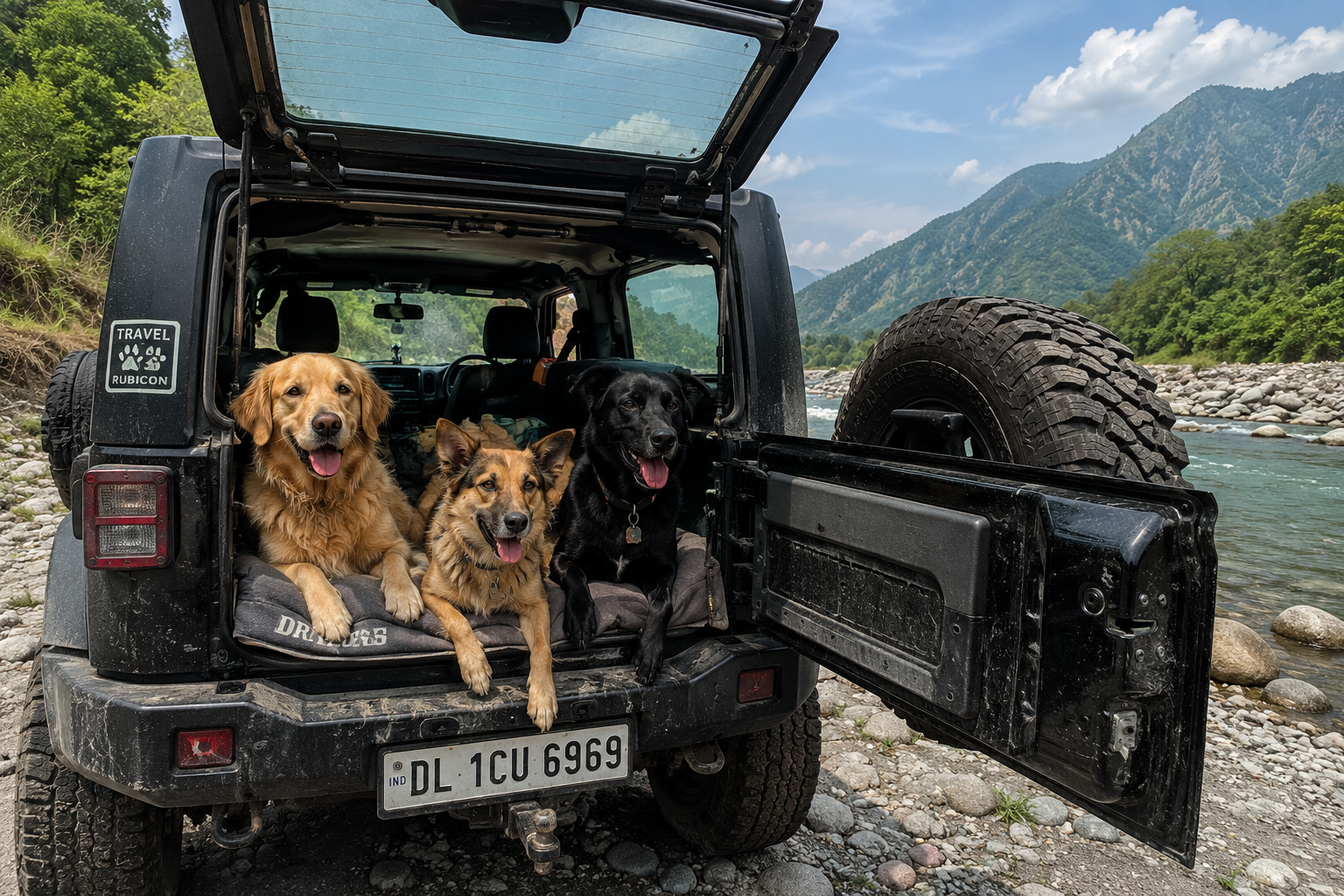 Dog looking out of Jeep Rubicon window during a pet-friendly road trip across India